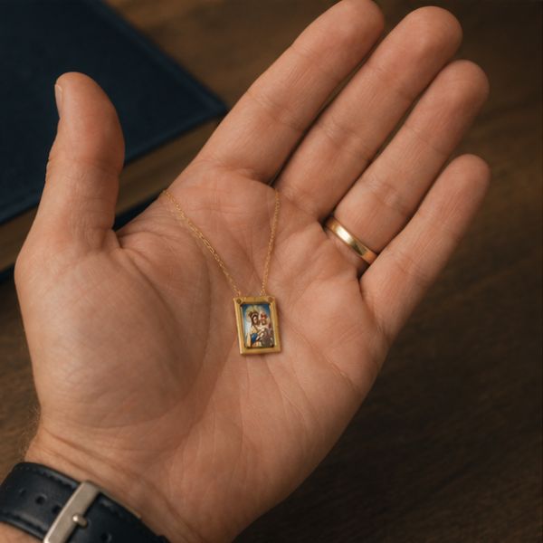 Escapulário dourado na palma da mão — tamanho real